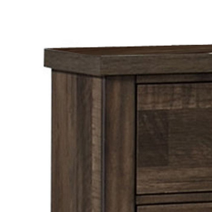 2 Drawer Wooden Nightstand with Grain Details and Metal Handles, Brown