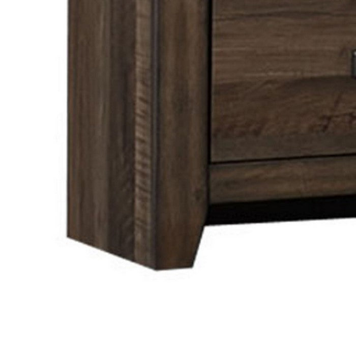 2 Drawer Wooden Nightstand with Grain Details and Metal Handles, Brown