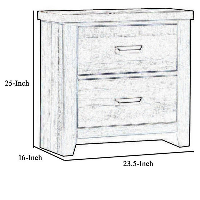 2 Drawer Wooden Nightstand with Grain Details and Metal Handles, Brown