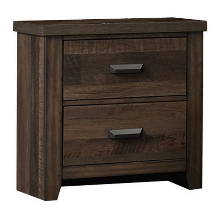 2 Drawer Wooden Nightstand with Grain Details and Metal Handles, Brown