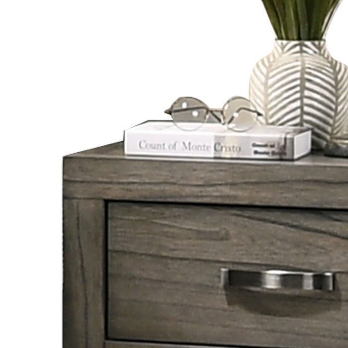 2 Drawer Wooden Nightstand with Grain Details and Block Legs, Brown