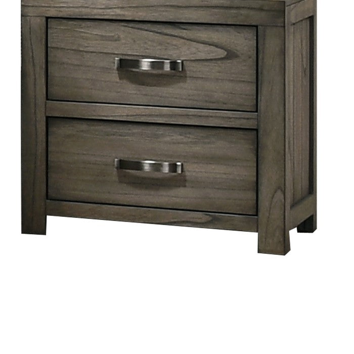 2 Drawer Wooden Nightstand with Grain Details and Block Legs, Brown