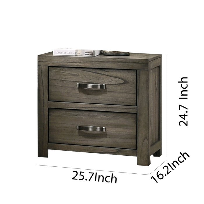 2 Drawer Wooden Nightstand with Grain Details and Block Legs, Brown