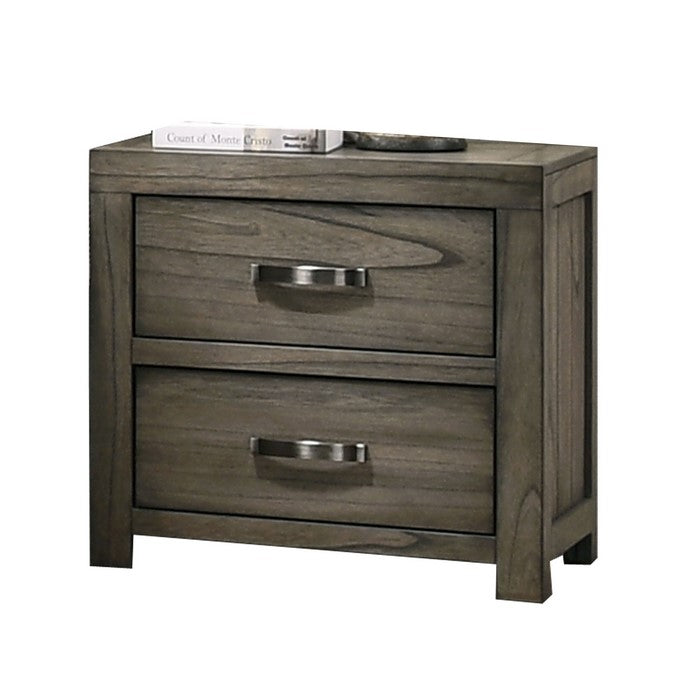 2 Drawer Wooden Nightstand with Grain Details and Block Legs, Brown