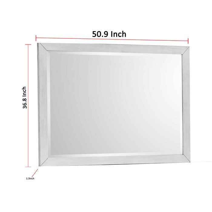 Rectangular Dresser Top Beveled Mirror with Wooden Frame, White and Silver