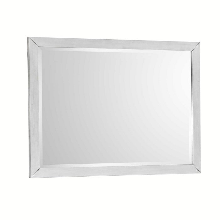 Rectangular Dresser Top Beveled Mirror with Wooden Frame, White and Silver