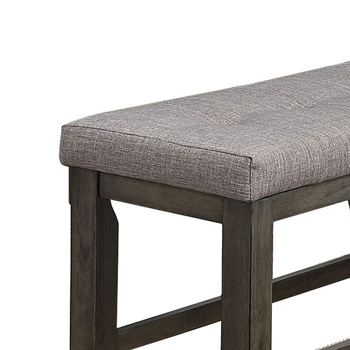 Wooden Counter Height Bench with Fabric Upholstered Seat, Brown and Gray