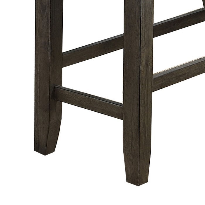 Wooden Counter Height Bench with Fabric Upholstered Seat, Brown and Gray