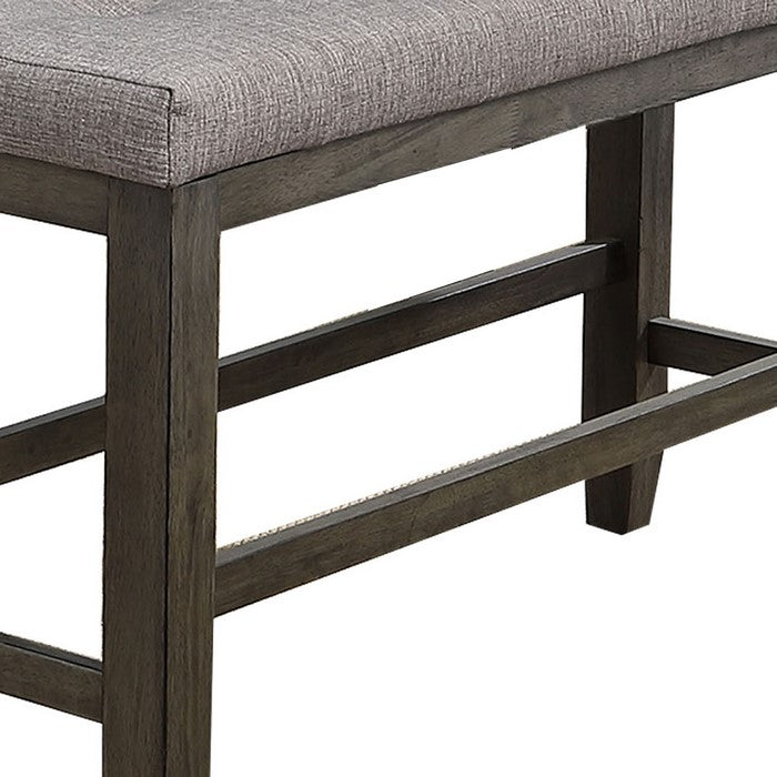 Wooden Counter Height Bench with Fabric Upholstered Seat, Brown and Gray