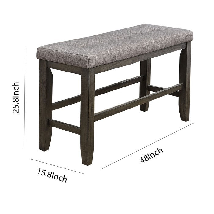 Wooden Counter Height Bench with Fabric Upholstered Seat, Brown and Gray