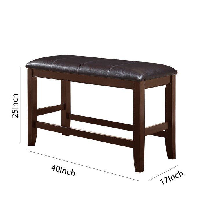 Wooden Counter Height Bench with Leatherette Seat, Brown