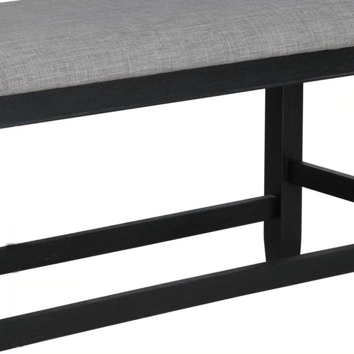 Wooden Counter Height Bench with Fabric Upholstered Seat, Black and Gray