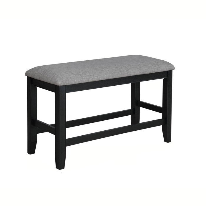 Wooden Counter Height Bench with Fabric Upholstered Seat, Black and Gray