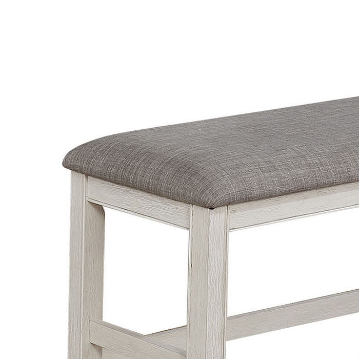 Wooden Counter Height Bench with Fabric Upholstered Seat, White and Gray