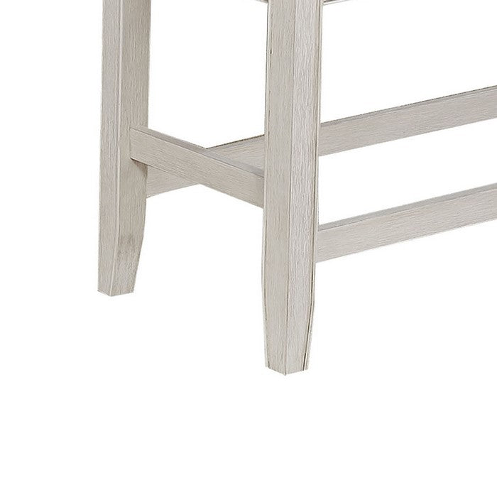 Wooden Counter Height Bench with Fabric Upholstered Seat, White and Gray