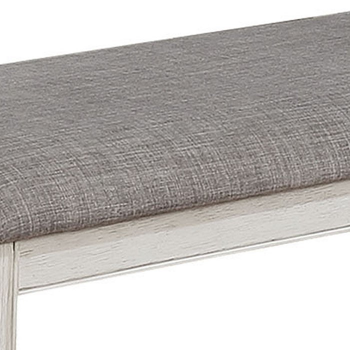 Wooden Counter Height Bench with Fabric Upholstered Seat, White and Gray