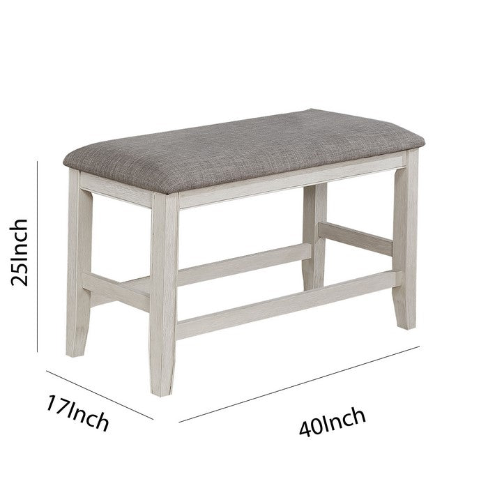 Wooden Counter Height Bench with Fabric Upholstered Seat, White and Gray