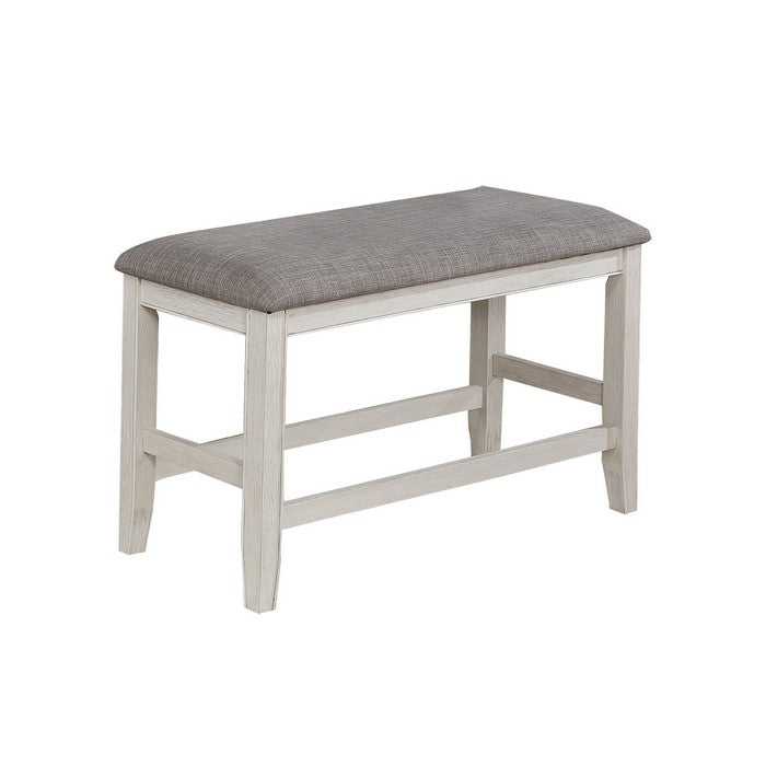 Wooden Counter Height Bench with Fabric Upholstered Seat, White and Gray