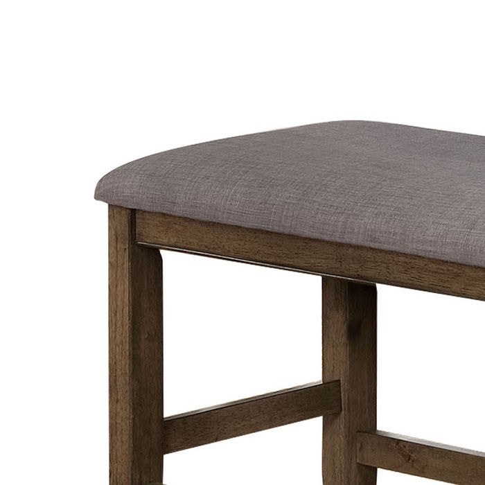 Counter Height Wooden Bench with Fabric Upholstered Seat, Brown and Gray
