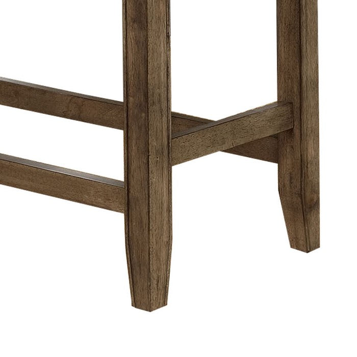 Counter Height Wooden Bench with Fabric Upholstered Seat, Brown and Gray