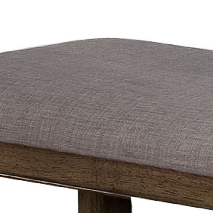 Counter Height Wooden Bench with Fabric Upholstered Seat, Brown and Gray
