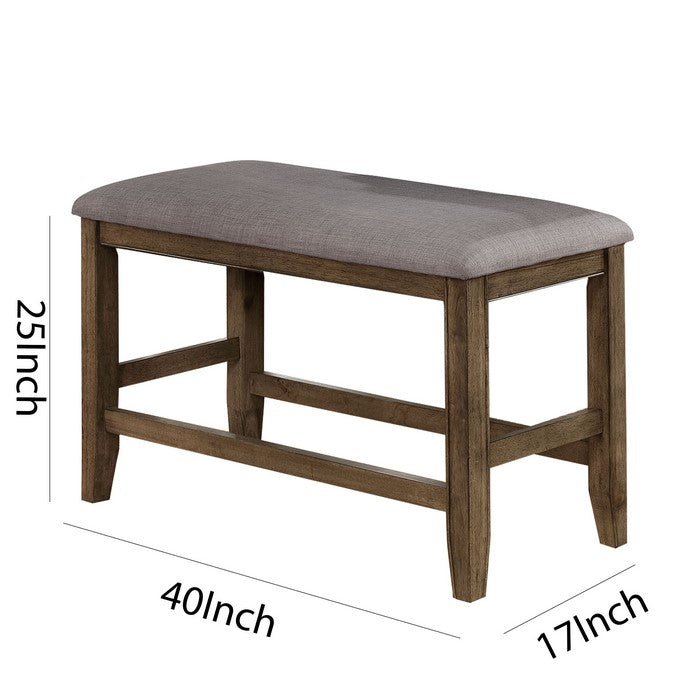 Counter Height Wooden Bench with Fabric Upholstered Seat, Brown and Gray