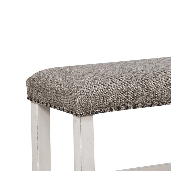 Counter Height Wooden Bench with Fabric Upholstered Seat, White and Gray