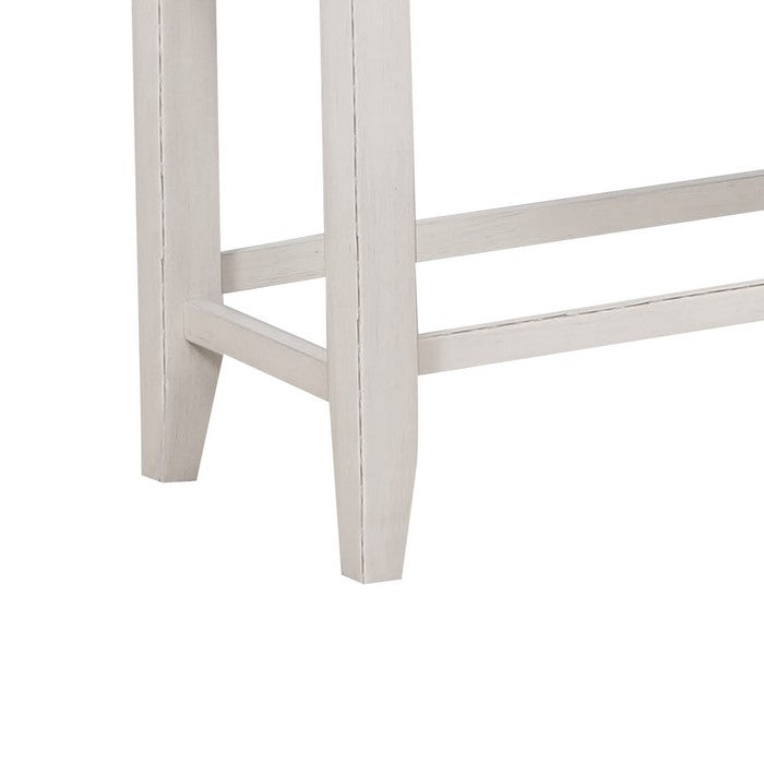 Counter Height Wooden Bench with Fabric Upholstered Seat, White and Gray
