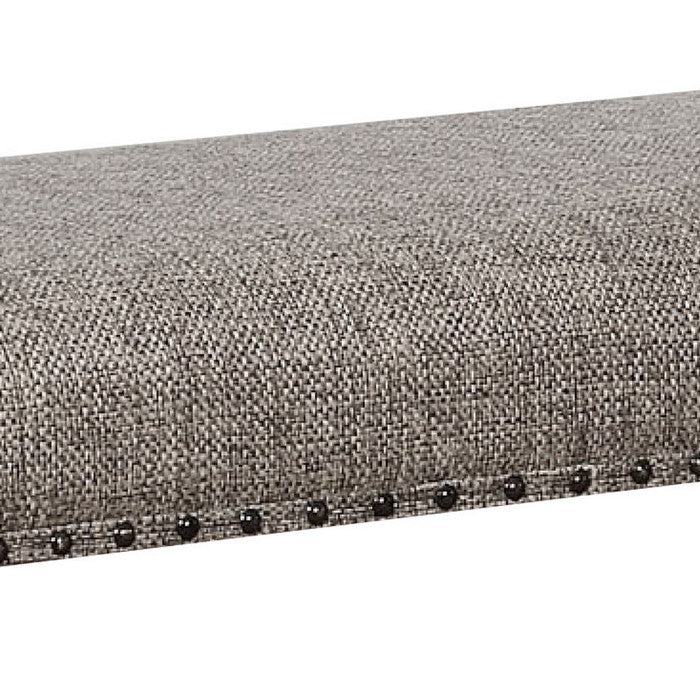 Counter Height Wooden Bench with Fabric Upholstered Seat, White and Gray