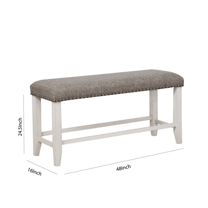 Counter Height Wooden Bench with Fabric Upholstered Seat, White and Gray