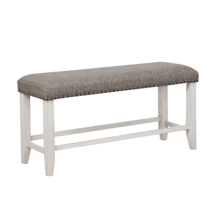 Counter Height Wooden Bench with Fabric Upholstered Seat, White and Gray