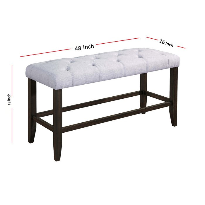 Counter Height Bench with Button Tufted Fabric Padded Seat, White and Brown - BM215459