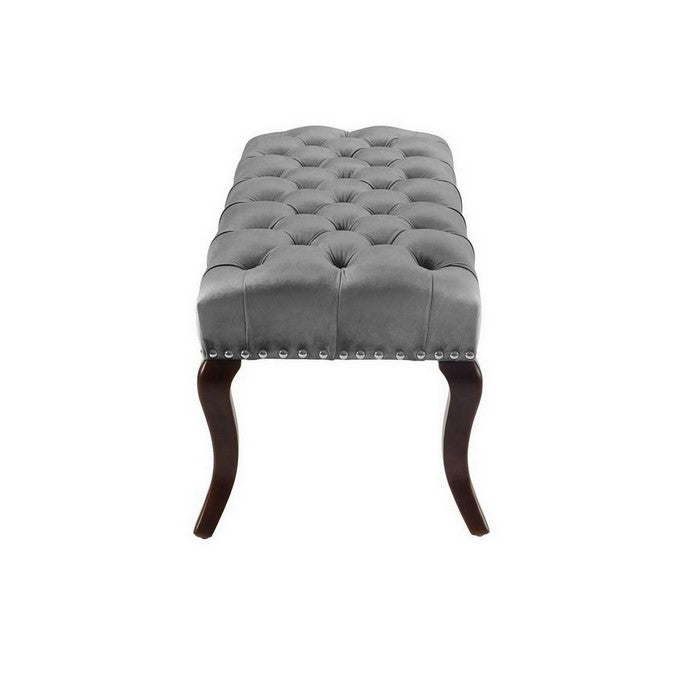 Button Tufted Fabric Upholstered Bench with Nailhead Trims, Brown and Gray
