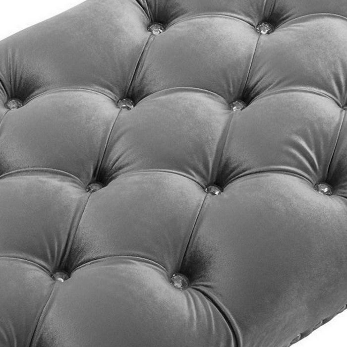 Button Tufted Fabric Upholstered Bench with Nailhead Trims, Brown and Gray