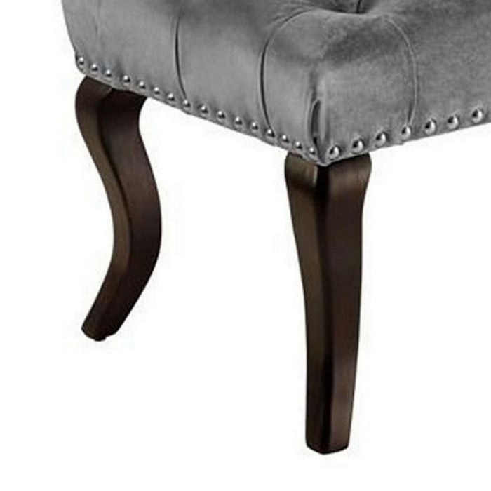 Button Tufted Fabric Upholstered Bench with Nailhead Trims, Brown and Gray
