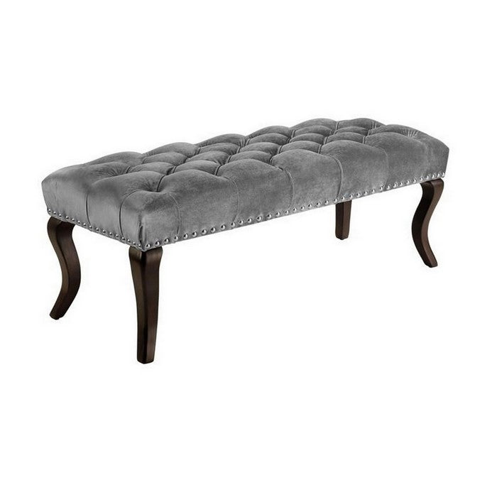 Button Tufted Fabric Upholstered Bench with Nailhead Trims, Brown and Gray