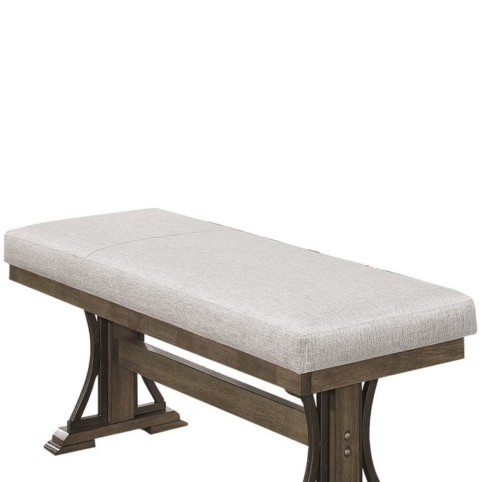 Rectangular Fabric Upholstered Bench with Trestle Base, Brown and Gray