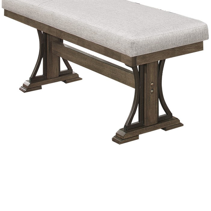 Rectangular Fabric Upholstered Bench with Trestle Base, Brown and Gray