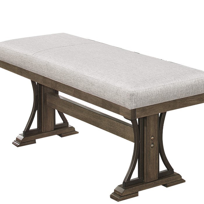 Rectangular Fabric Upholstered Bench with Trestle Base, Brown and Gray