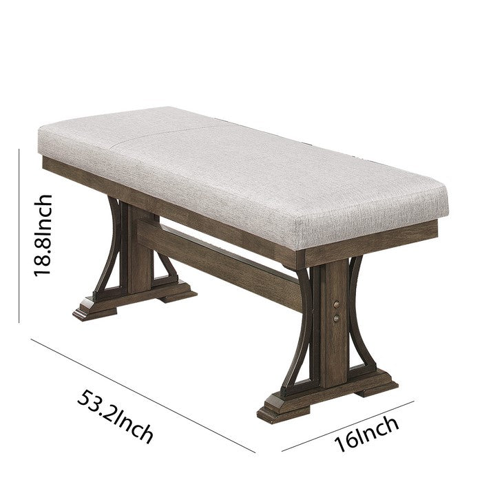 Rectangular Fabric Upholstered Bench with Trestle Base, Brown and Gray
