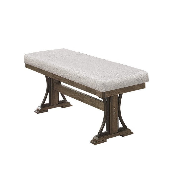 Rectangular Fabric Upholstered Bench with Trestle Base, Brown and Gray