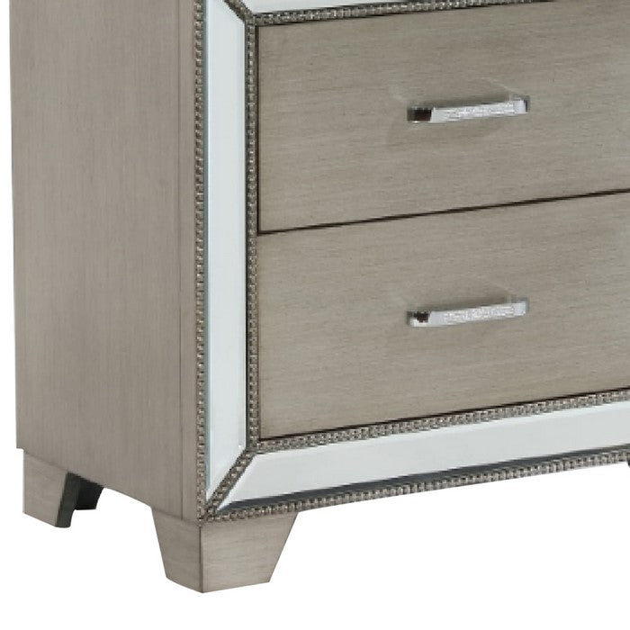 2 Drawer Wooden Nightstand with Faux Crystal Inlay and Mirror Accent, Gray