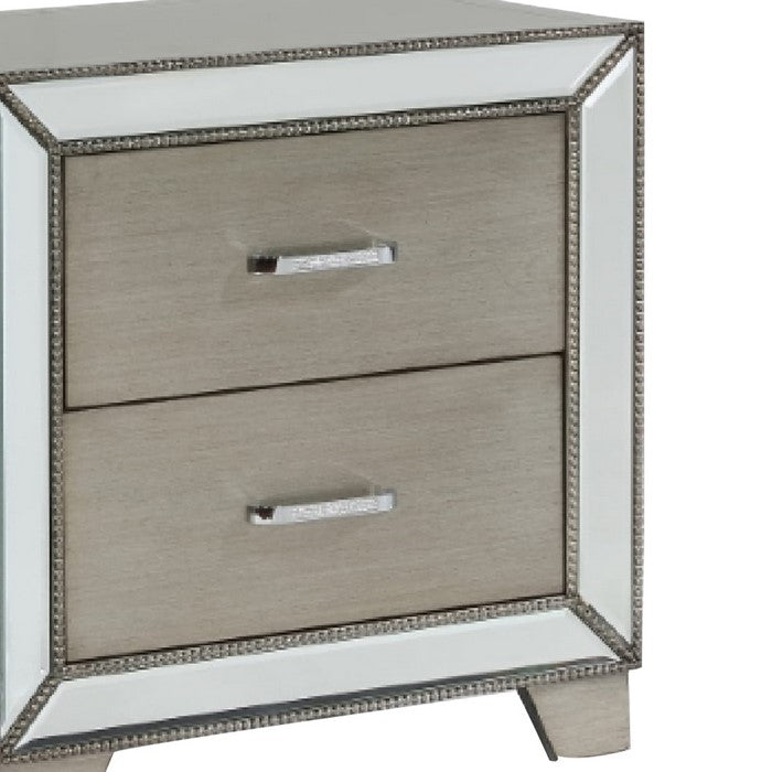 2 Drawer Wooden Nightstand with Faux Crystal Inlay and Mirror Accent, Gray