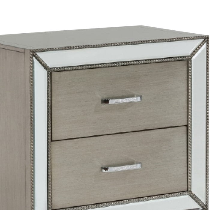 2 Drawer Wooden Nightstand with Faux Crystal Inlay and Mirror Accent, Gray