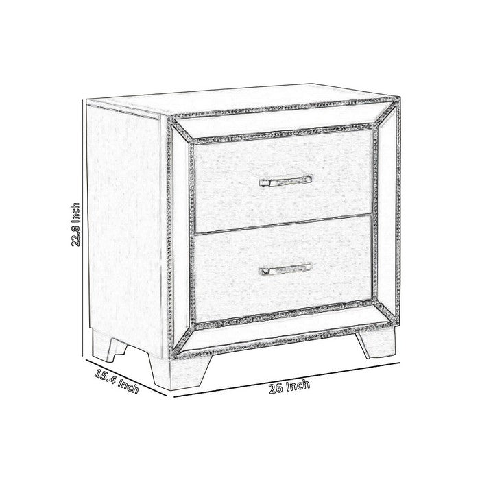 2 Drawer Wooden Nightstand with Faux Crystal Inlay and Mirror Accent, Gray