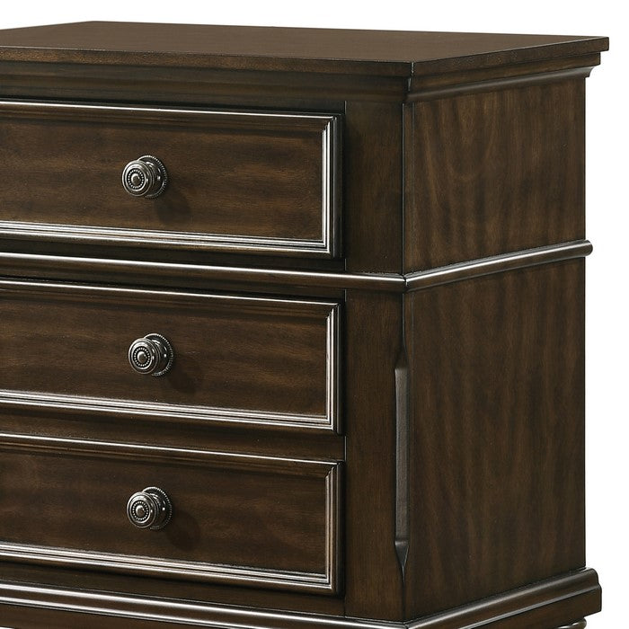 3 Drawer Wooden Nightstand with Molded Details and Metal Knobs, Brown - BM215468