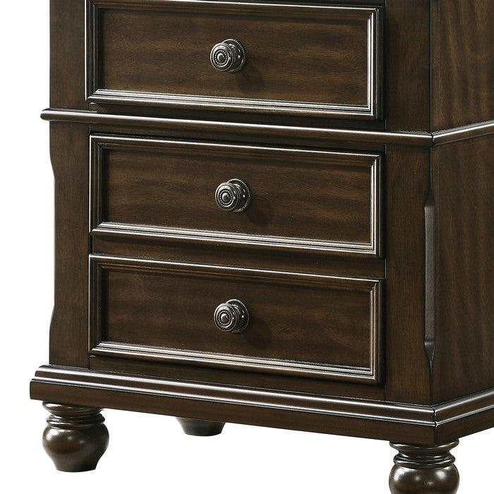 3 Drawer Wooden Nightstand with Molded Details and Metal Knobs, Brown - BM215468