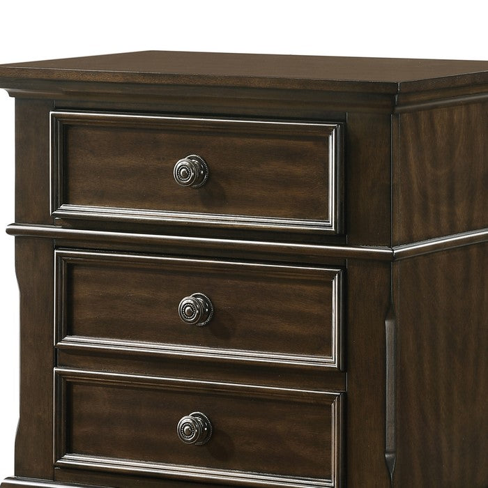 3 Drawer Wooden Nightstand with Molded Details and Metal Knobs, Brown - BM215468