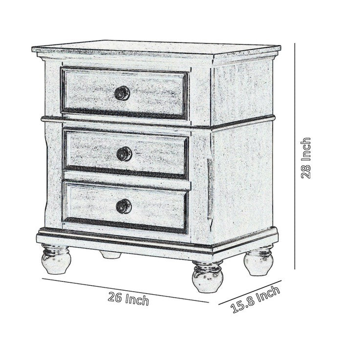 3 Drawer Wooden Nightstand with Molded Details and Metal Knobs, Brown - BM215468