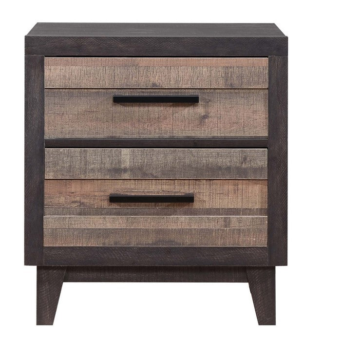 Two Drawer Wooden Nightstand with Plank Style Fronts and Bar Handles, Brown - BM215469